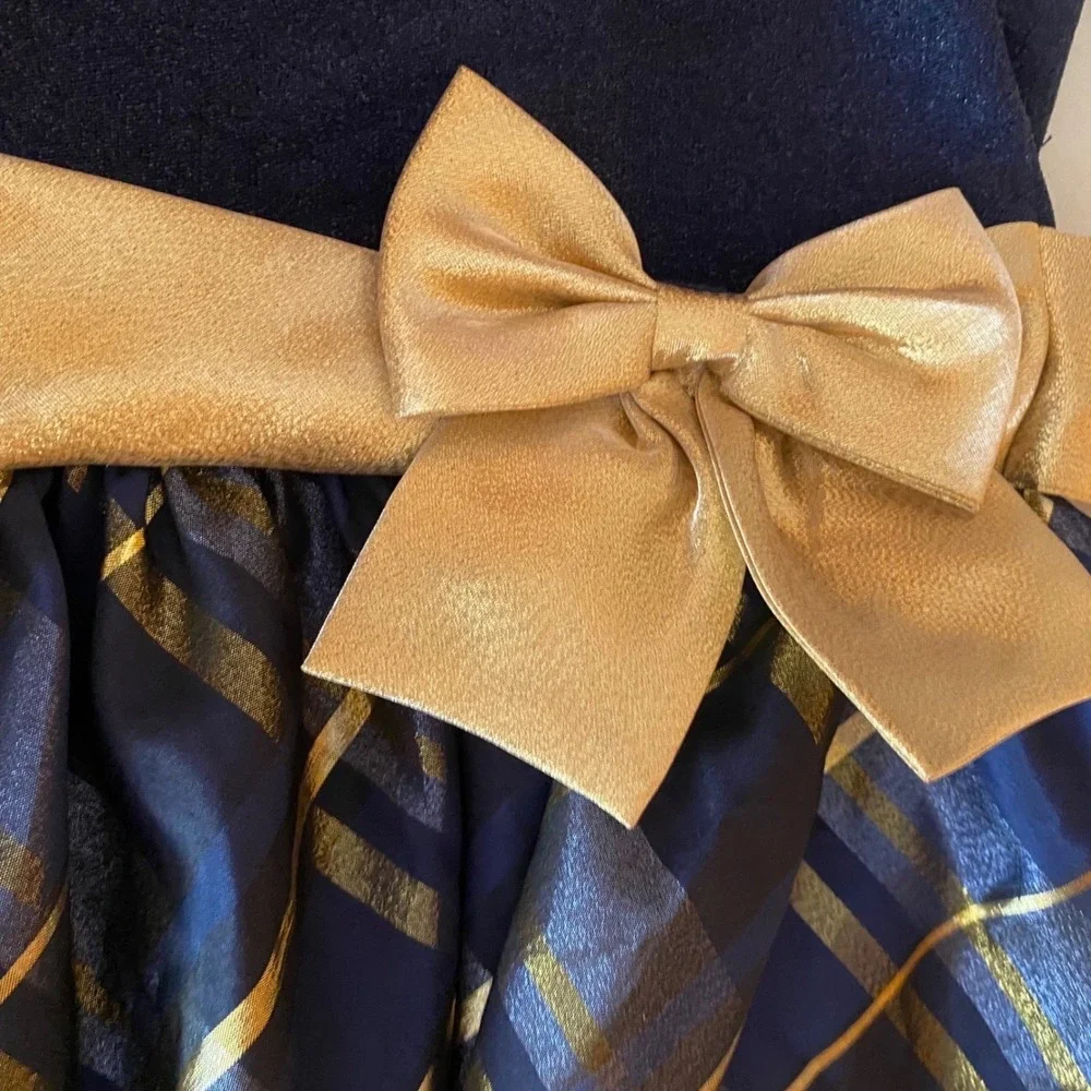 Bonnie Jean Girls 16 Navy Blue Gold Plaid Metallic Party Dress Bow Holiday